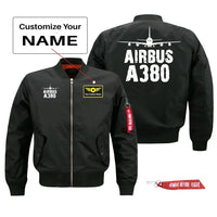 Thumbnail for Airbus A380 Silhouette & Pilot Jackets (Customizable) aviation design printed on comfortable shell with classic fit designed.