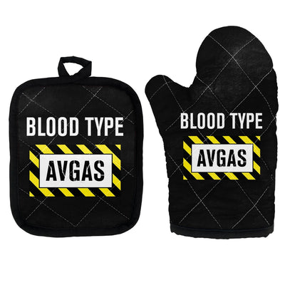 Blood Type AVGAS Kitchen Glove & Holder aviation design on durable fabric with insulated lining kitchen glove holder.