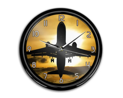 Departing Passenger Jet During Sunset aviation themed wall clock, premium wood and metal.