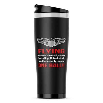 Flying One Ball aviation design on stainless travel mug, vacuum-insulated double-wall stainless.