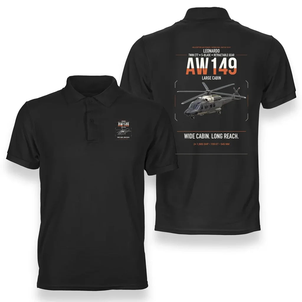 Leonardo AW149 design on black double-side polo t-shirt, double-side print