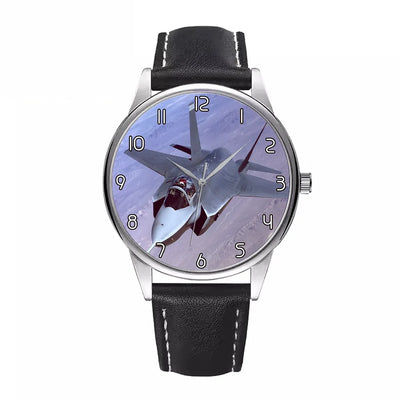 Fighter Jet 35 Captured in the Air aviation watch with leather strap, leather strap body with engraved detail.