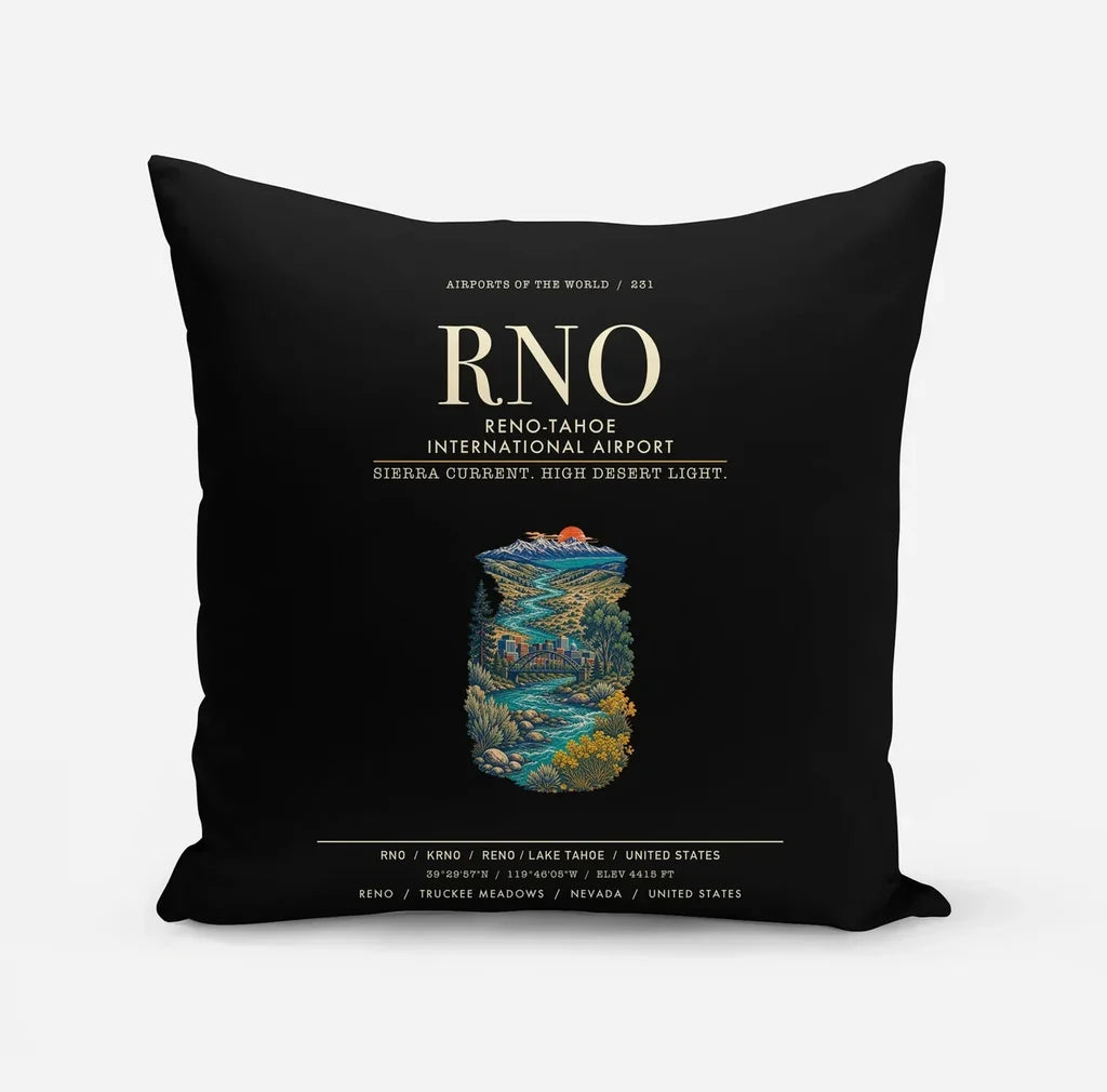 Reno-Tahoe International Airport (RNO) design on black pillow