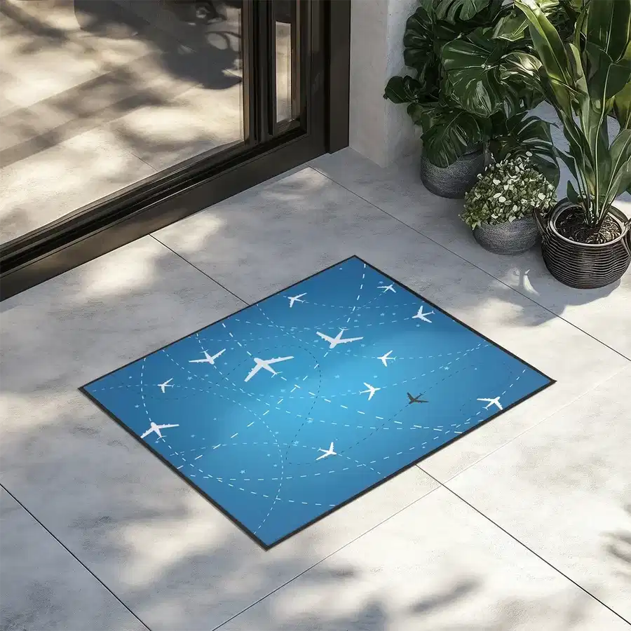 Travelling with aviation design on durable fibre with non-slip backing door mat.