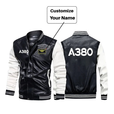 Airbus A380 Flat Text aviation design printed on genuine leather with modern tailored fit stylish leather jacket.