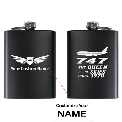 Boeing 747 - Queen of the Skies (2) aviation design on stainless hip flask, compact pocket-size flask.