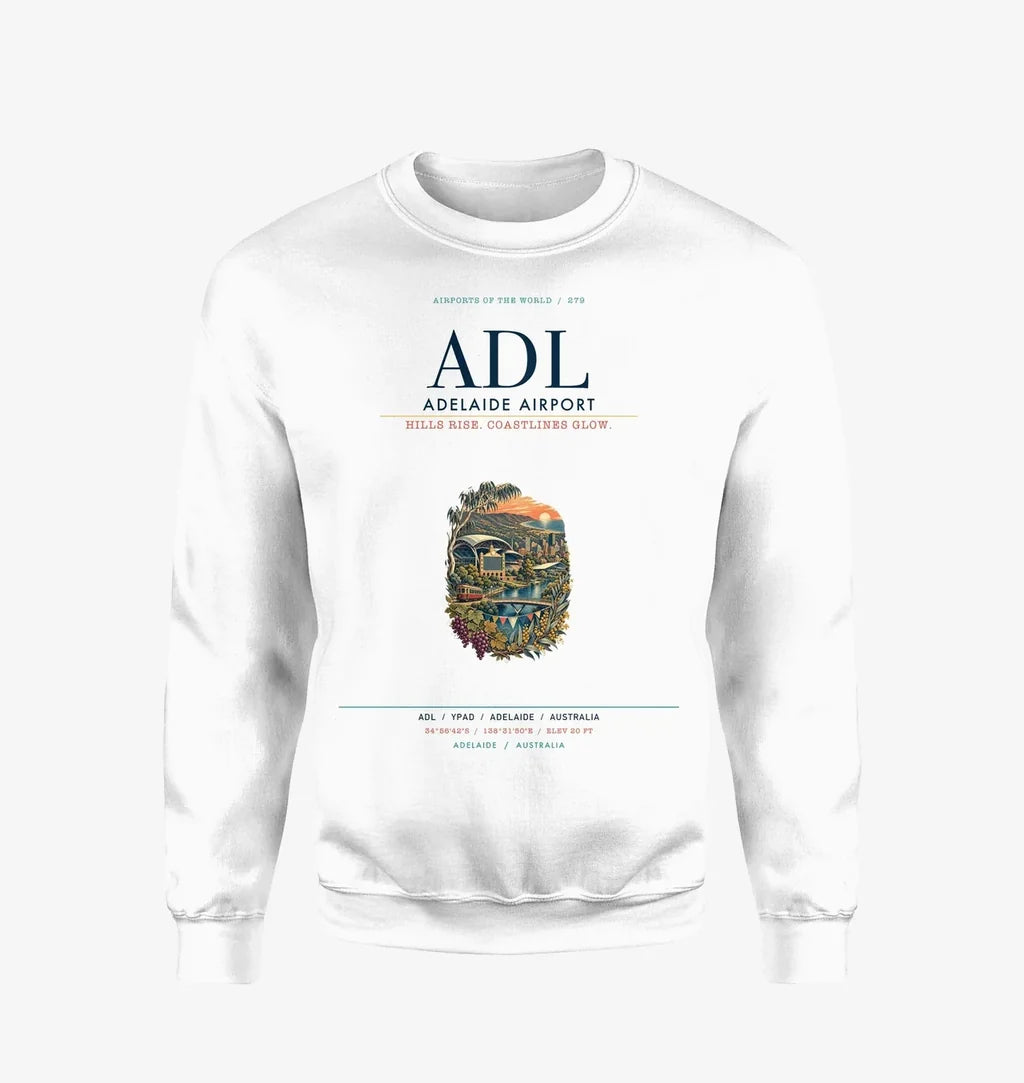 Adelaide Airport (ADL) design on white sweatshirt