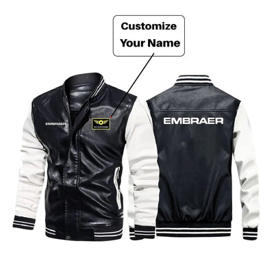 Embraer & Text aviation design printed on genuine leather with modern tailored fit stylish leather jacket.