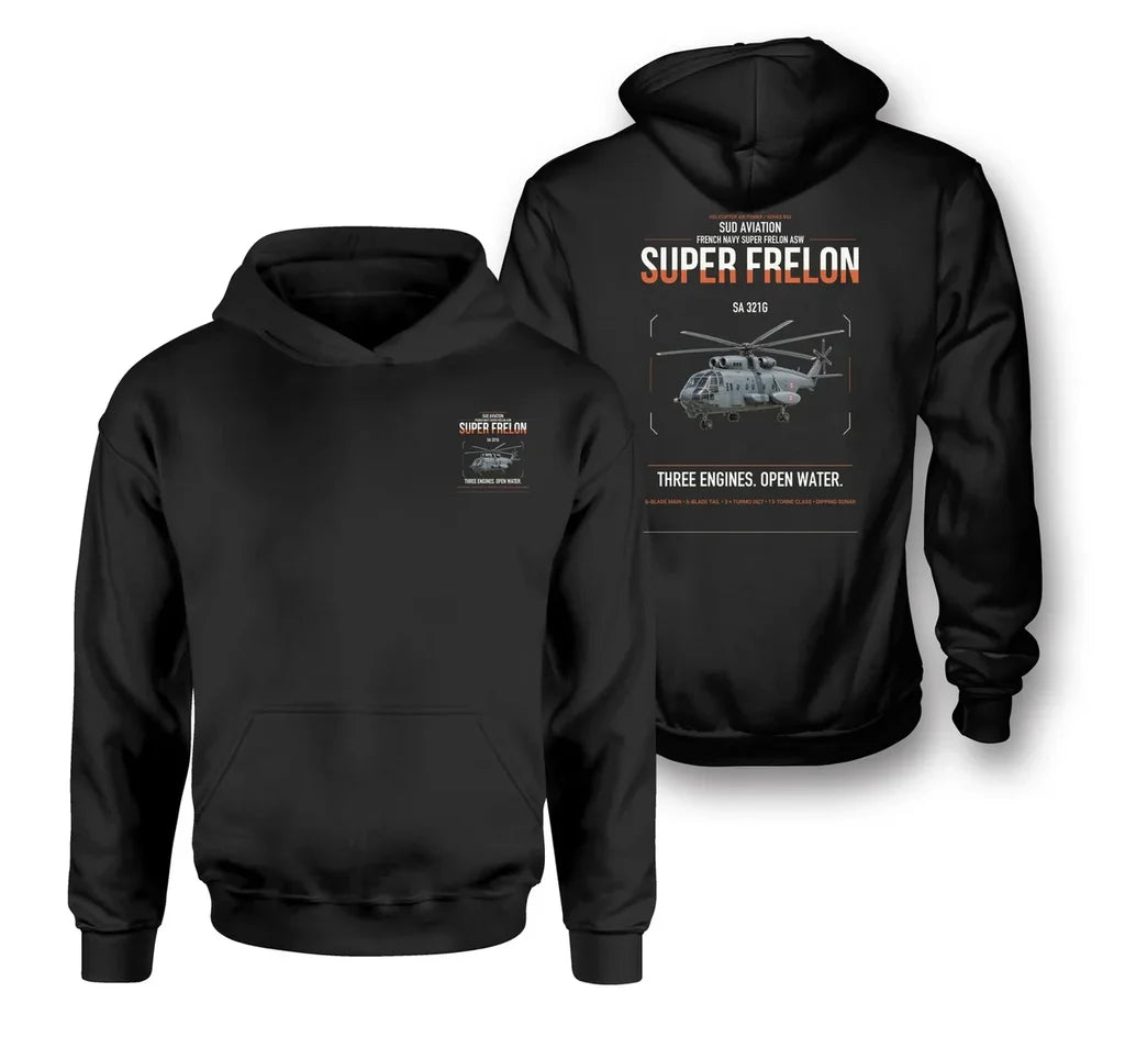 Sud Aviation SA 321G Super Frelon design on black double-side hoodie, double-side print