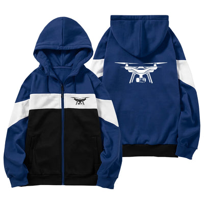 Drone Silhouette aviation design on colourful cotton blend colourful zipped hoodie.