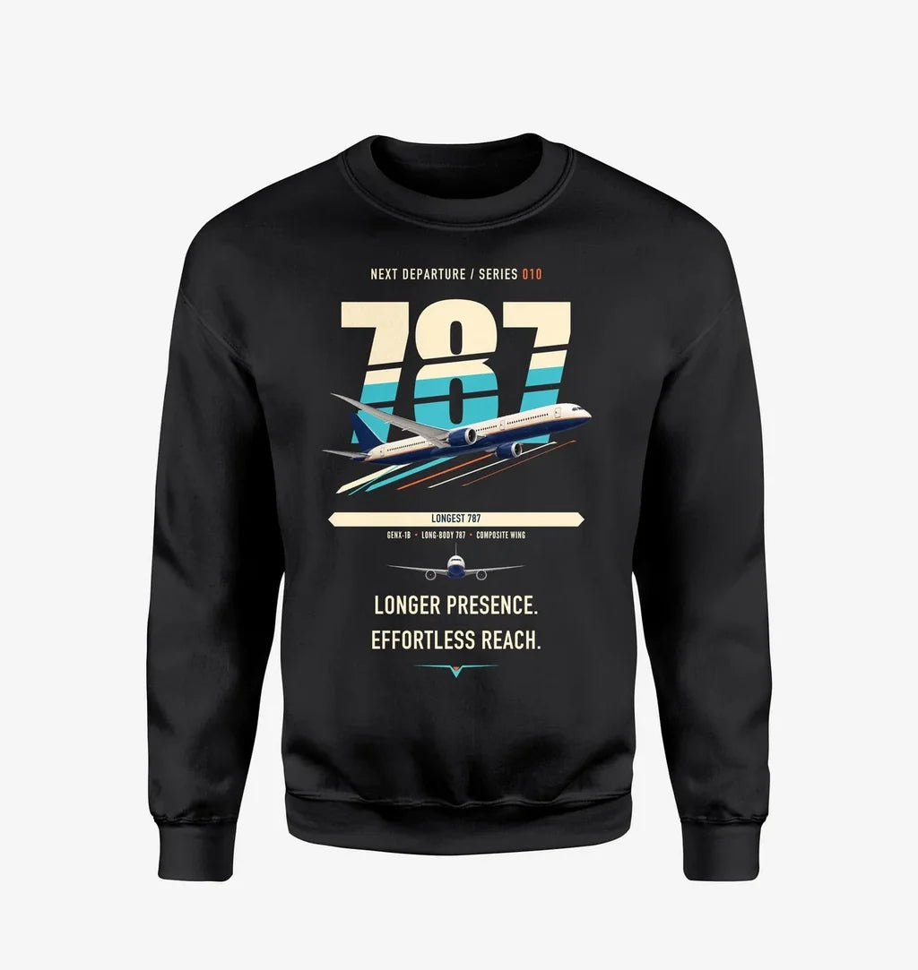 Boeing 787-10 Dreamliner design on black sweatshirt