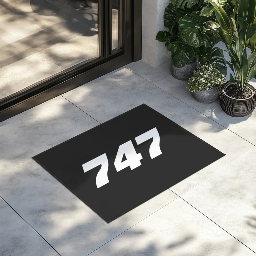 Boeing 747 Flat Text aviation design on durable fibre with non-slip backing door mat.