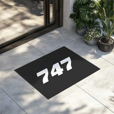 Boeing 747 Flat Text aviation design on durable fibre with non-slip backing door mat.