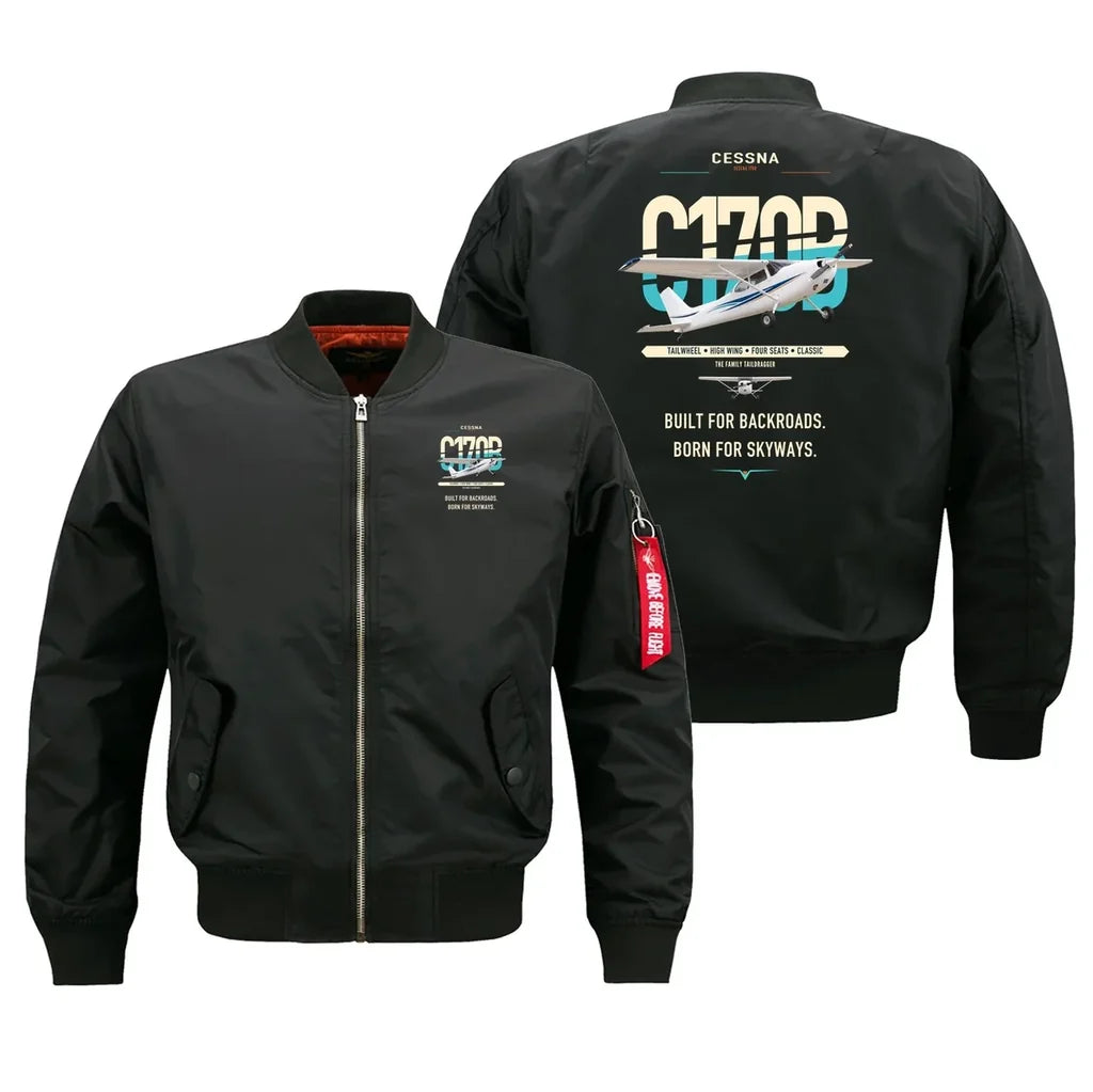Cessna 170B design on black bomber jacket, double-side print