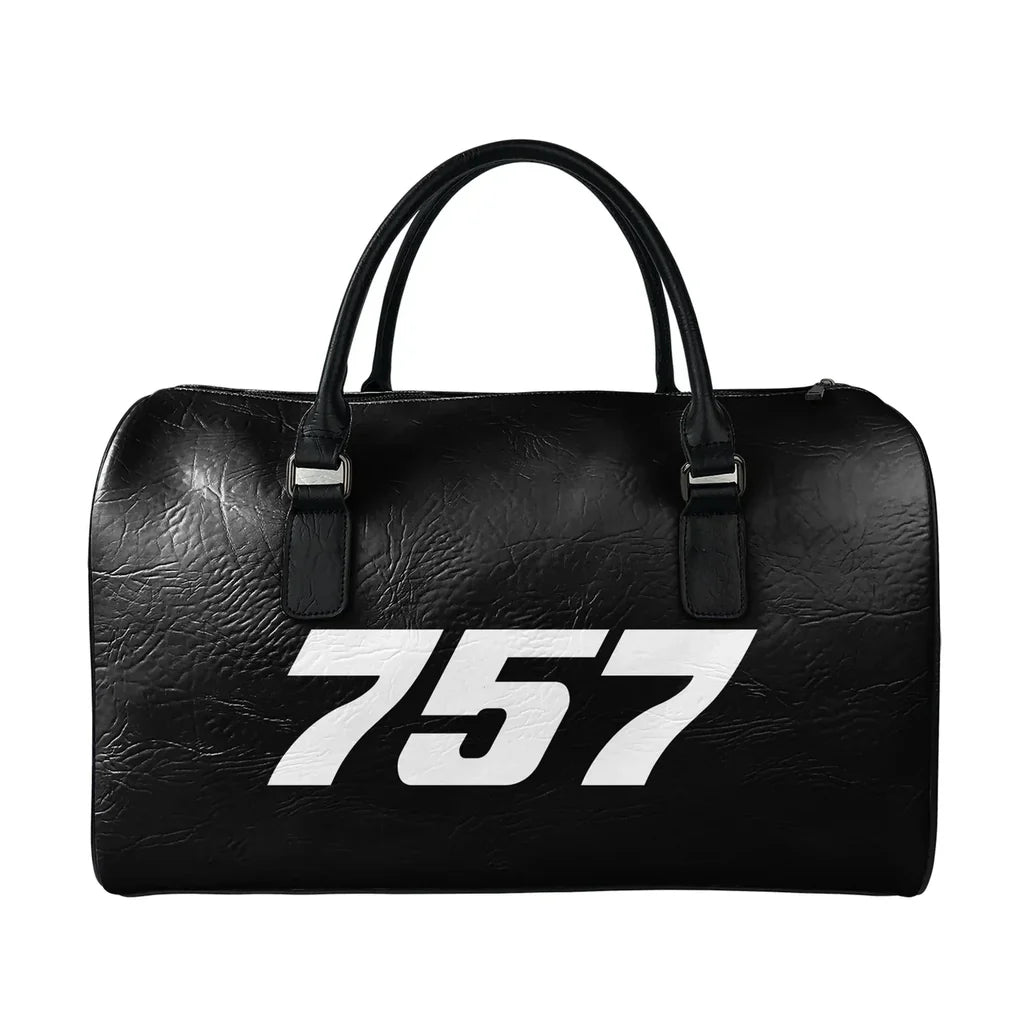 Boeing 757 Flat Text aviation design leather travel bag, full-grain leather construction.