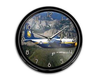 Amazing View with Blue Angels aviation themed wall clock, premium wood and metal.