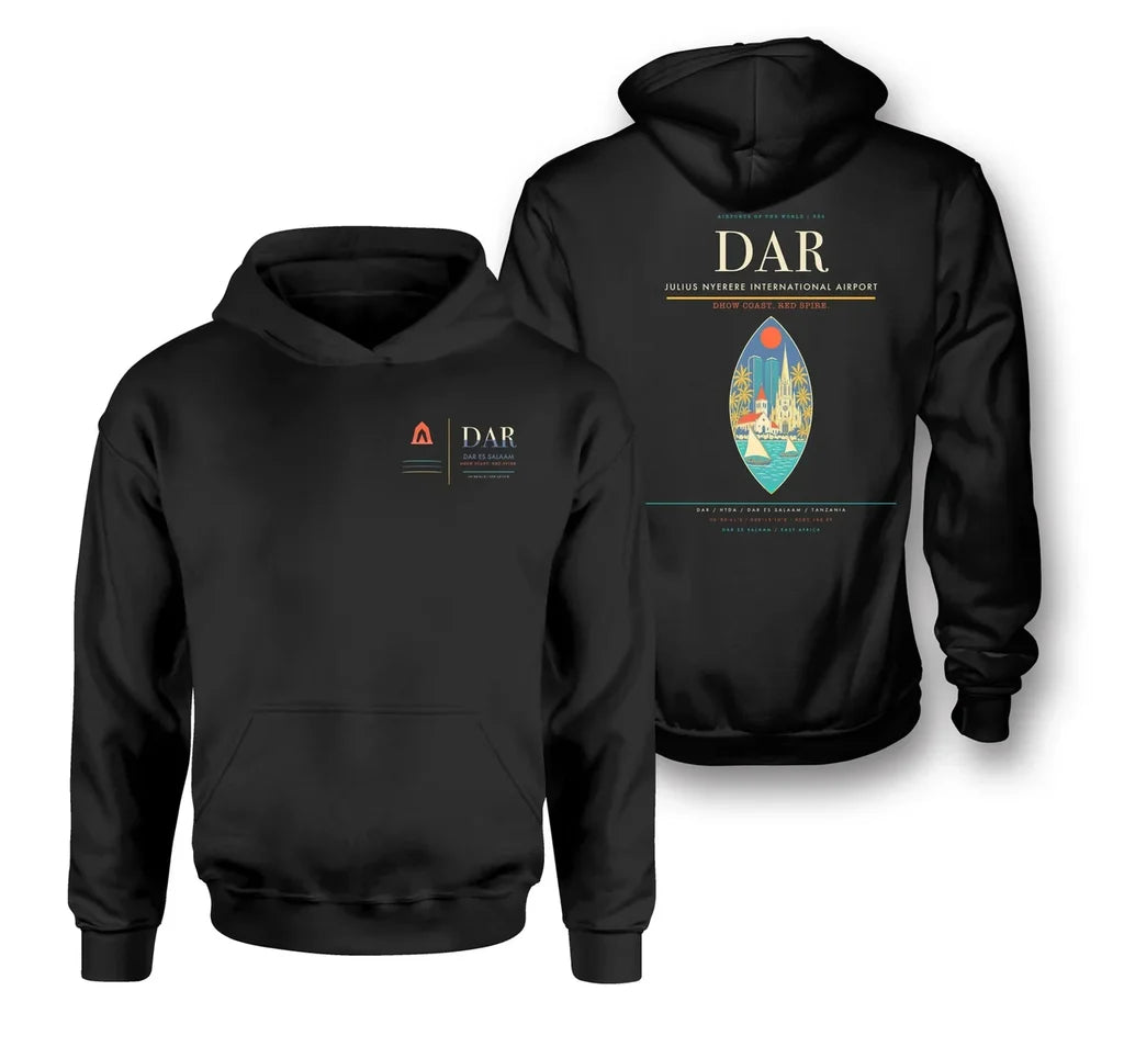 Julius Nyerere International Airport (DAR) design on black double-side hoodie