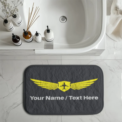 Customizable Name aviation print bath mat, soft absorbent fabric with non-slip backing.