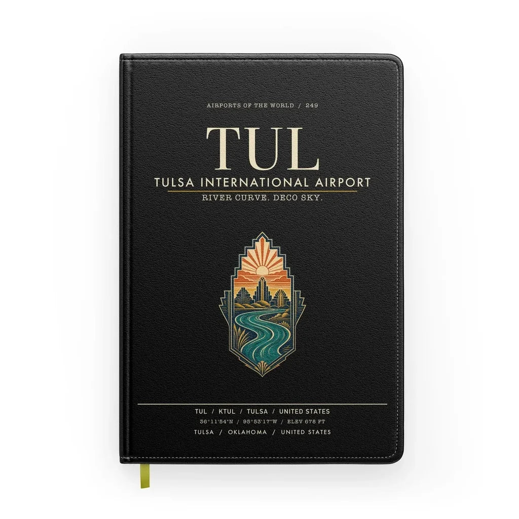 Tulsa International Airport (TUL) design on black notebook