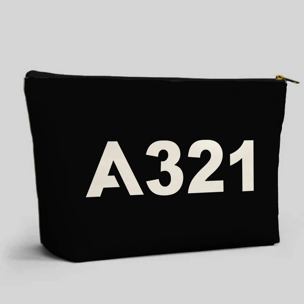Airbus A321 Flat Text aviation print zipper pouch, durable polyester.