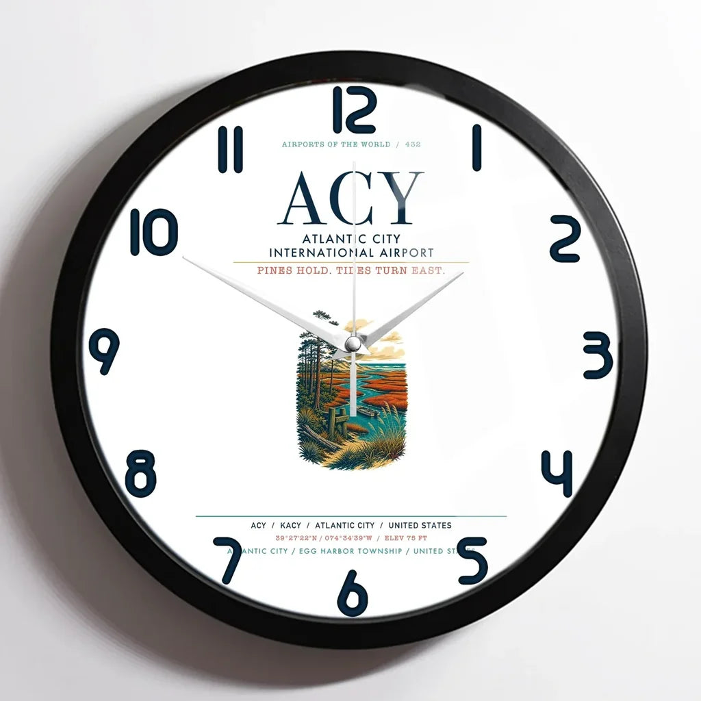 Atlantic City International Airport (ACY) design on white framed wall clock