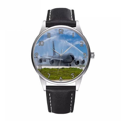 US Air Force Big Jet aviation-themed watch with leather strap, polished leather strap.