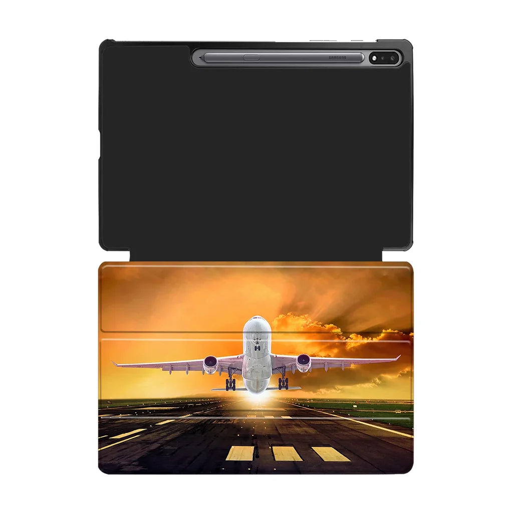 Amazing Departing Aircraft Sunset & Clouds Behind aviation design on tablet case for Samsung tablet.