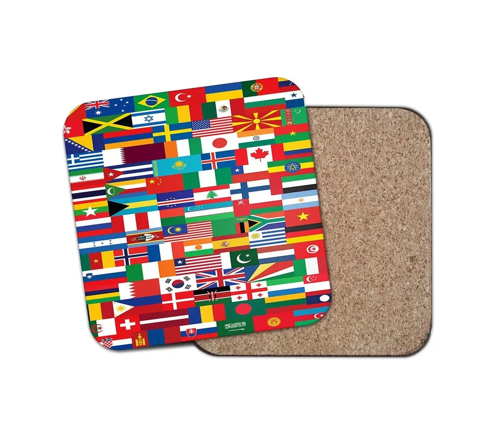 World Flags aviation design on cork-backed wood with print coaster.