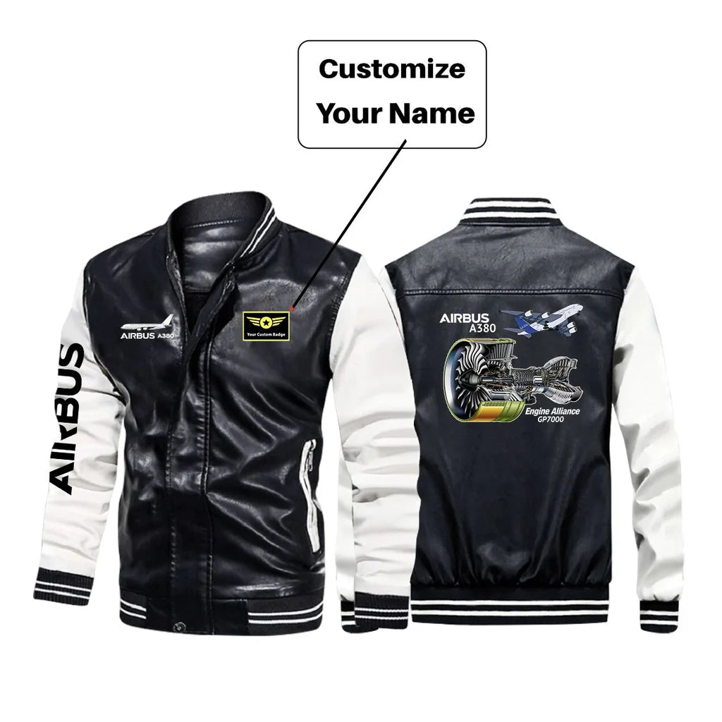 Airbus A380 & GP7000 Engine aviation design printed on genuine leather with modern tailored fit stylish leather jacket.