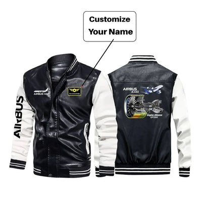 Airbus A380 & GP7000 Engine aviation design printed on genuine leather with modern tailored fit stylish leather jacket.