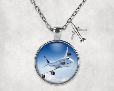 Side view of Cruising Lufthansa's Boeing 747 aviation necklace in stainless steel, polished finish.