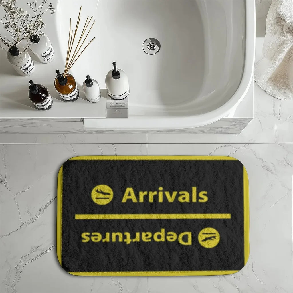 Arrival and Departures 4 (Black) aviation print bath mat, soft absorbent fabric with non-slip backing.