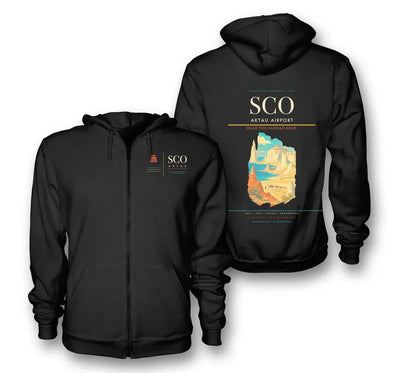 Aktau Airport (SCO) design on black premium zipped hoodie