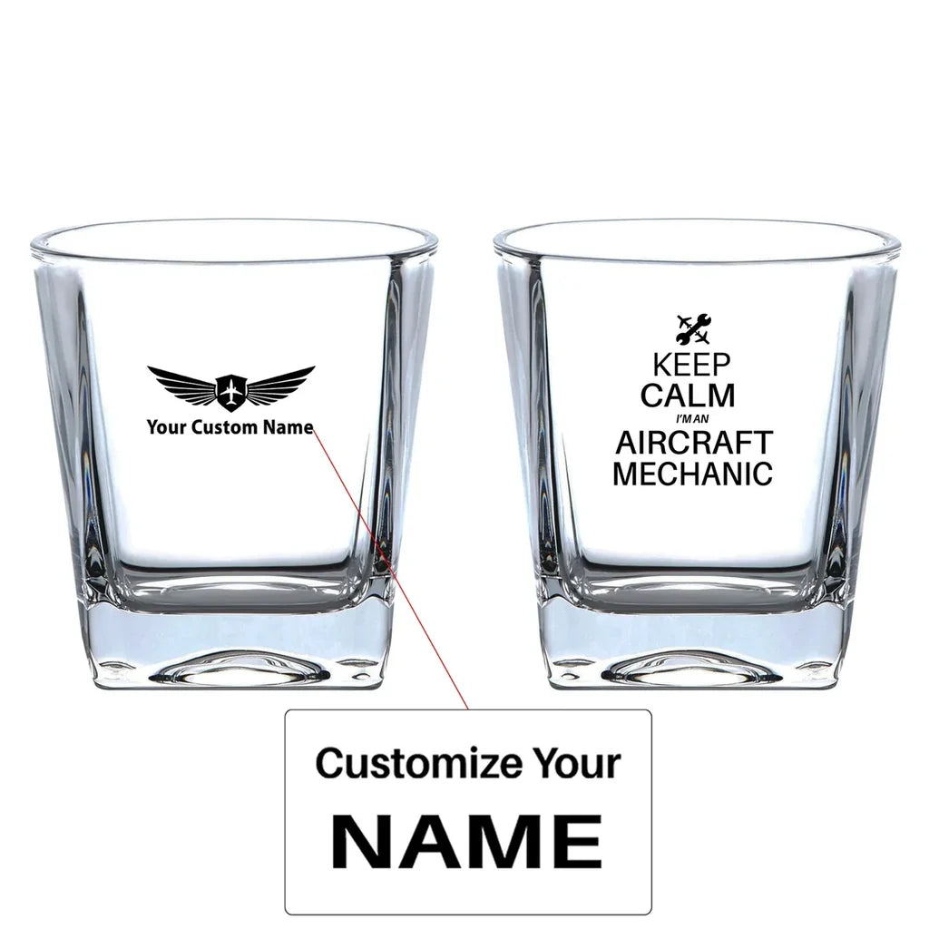 Aircraft Mechanic aviation design on whiskey glass, crystal-clear premium glassware.