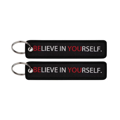 BELIEVE IN YOURSELF. aviation fashion key chain in polished metal.