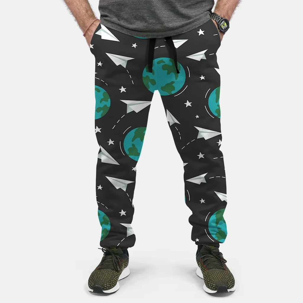 Paper Planes & Earth aviation design on soft cotton blend 3D-printed sweatpants.