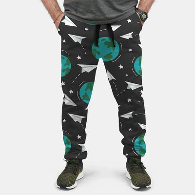 Paper Planes & Earth aviation design on soft cotton blend 3D-printed sweatpants.