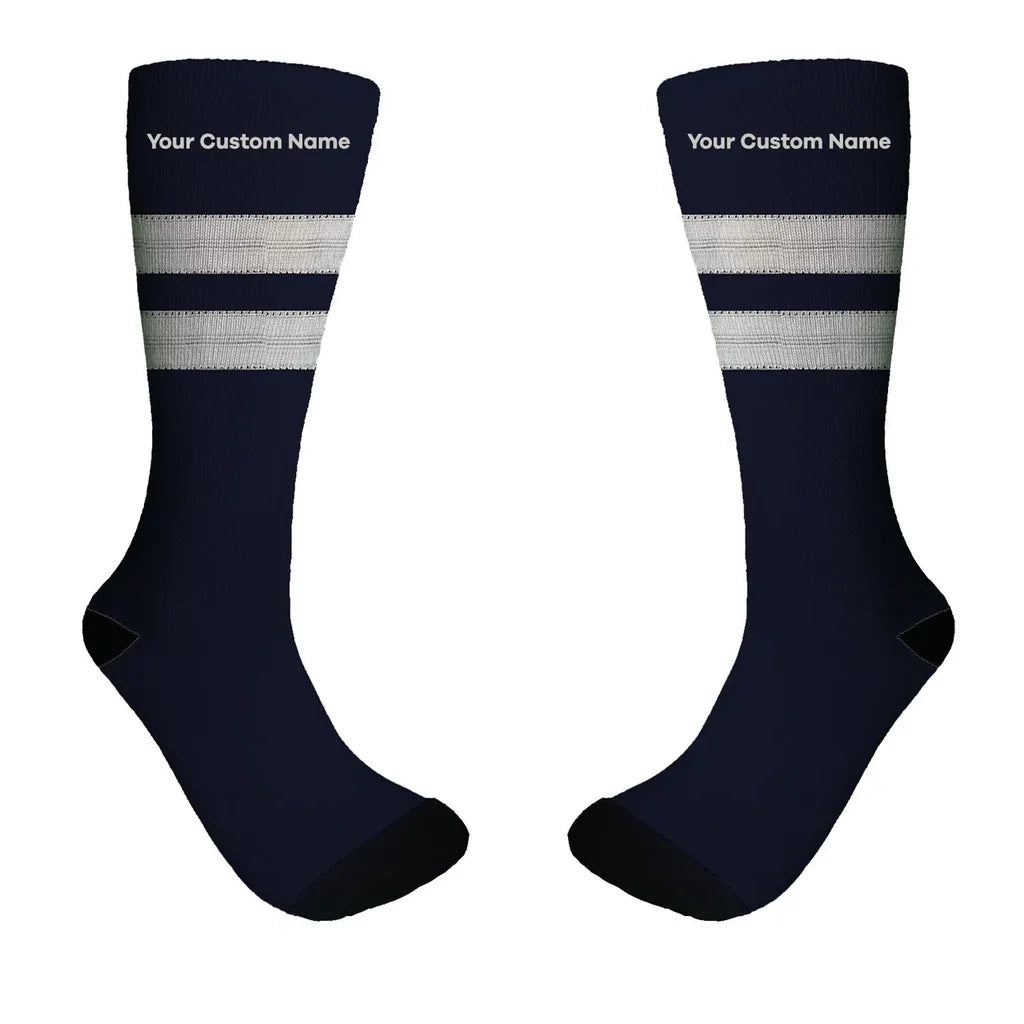 Pilot Epaulette (Silver) 2 Lines + NAME aviation design on soft cotton blend socks.