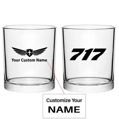Boeing 717 Flat Text aviation design on whiskey glass, special-edition crystal cut.