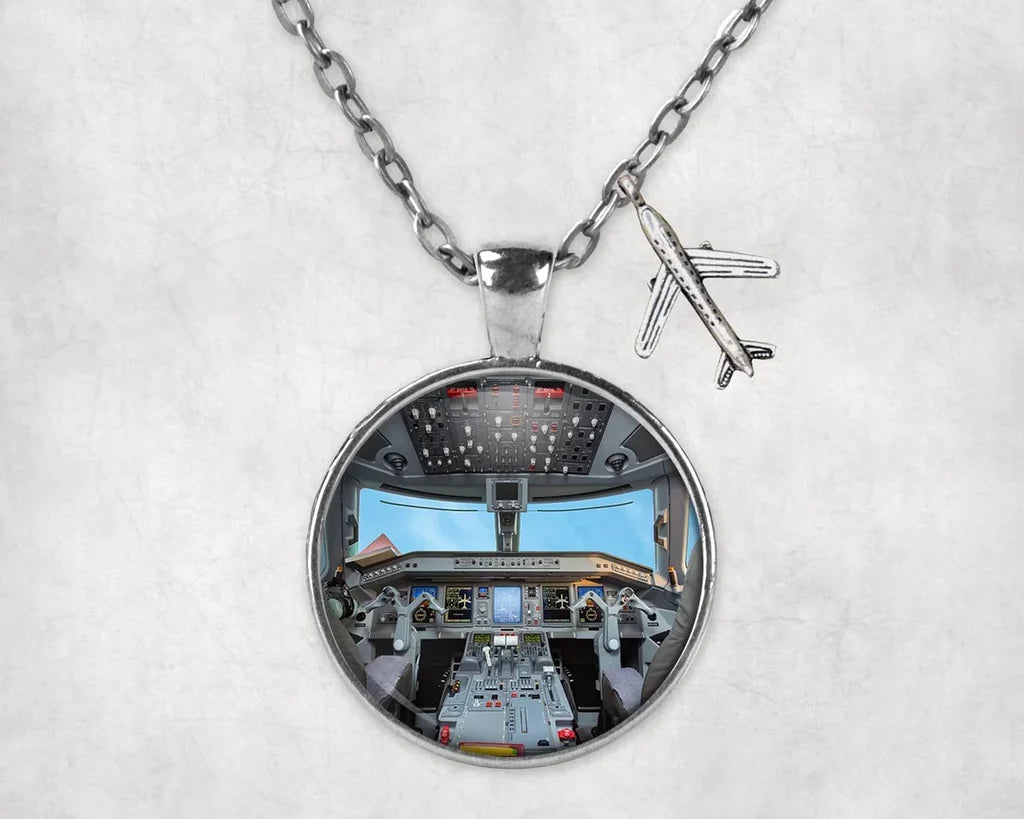 Embraer E190 Cockpit aviation-themed necklace, polished stainless steel.