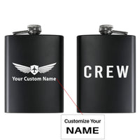 Thumbnail for CREW & Text aviation design on stainless hip flask, compact pocket-size flask.