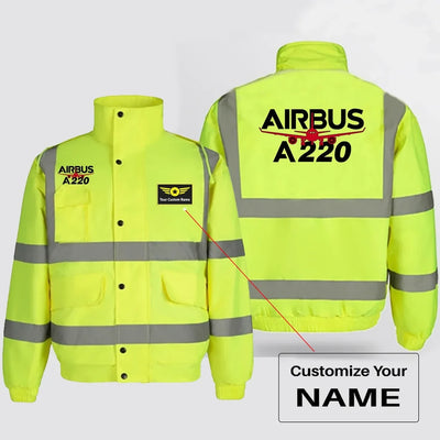 Amazing Airbus A220 aviation design printed on insulated shell with high-visibility reflective panels reflective winter jacket.