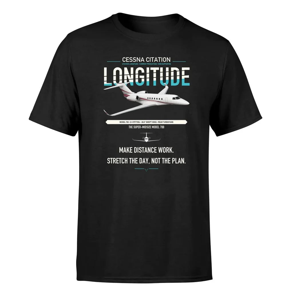Cessna Citation Longitude design on black double-side t-shirt, single-side print