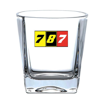Flat Colourful 787 aviation design on whiskey glass, crystal-clear premium glassware.