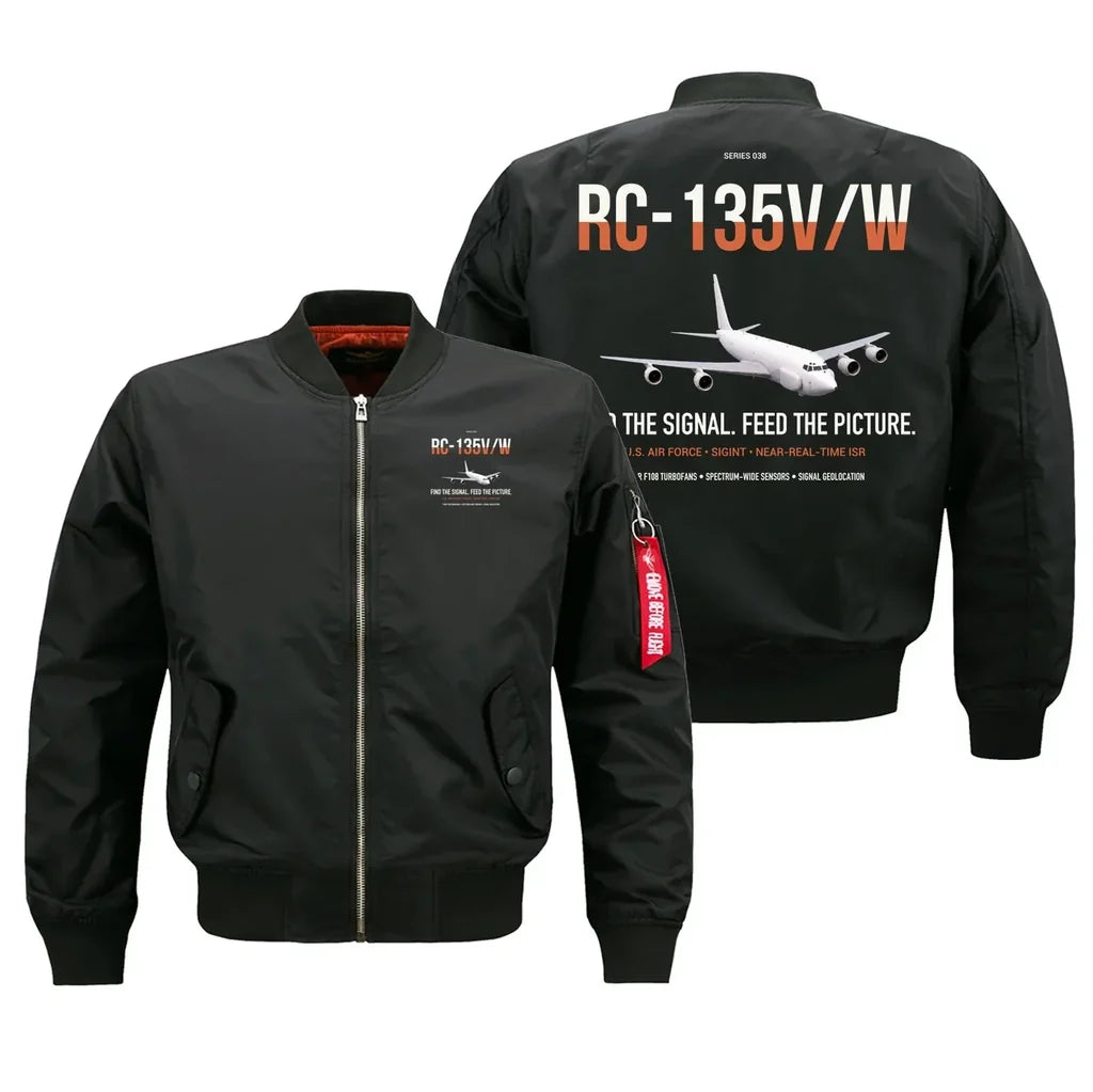 RC-135V W Rivet Joint design on black bomber jacket, double-side print