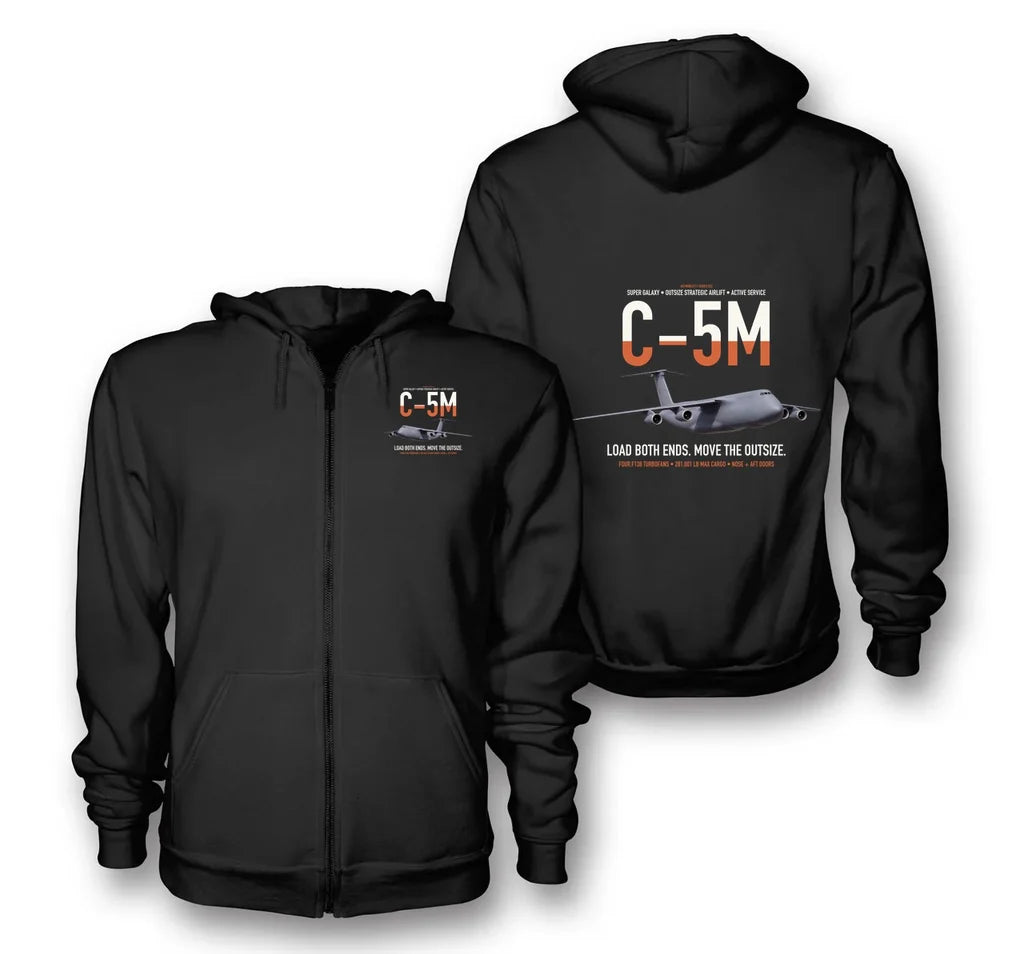 C-5M Super Galaxy design on black premium zipped hoodie, double-side print