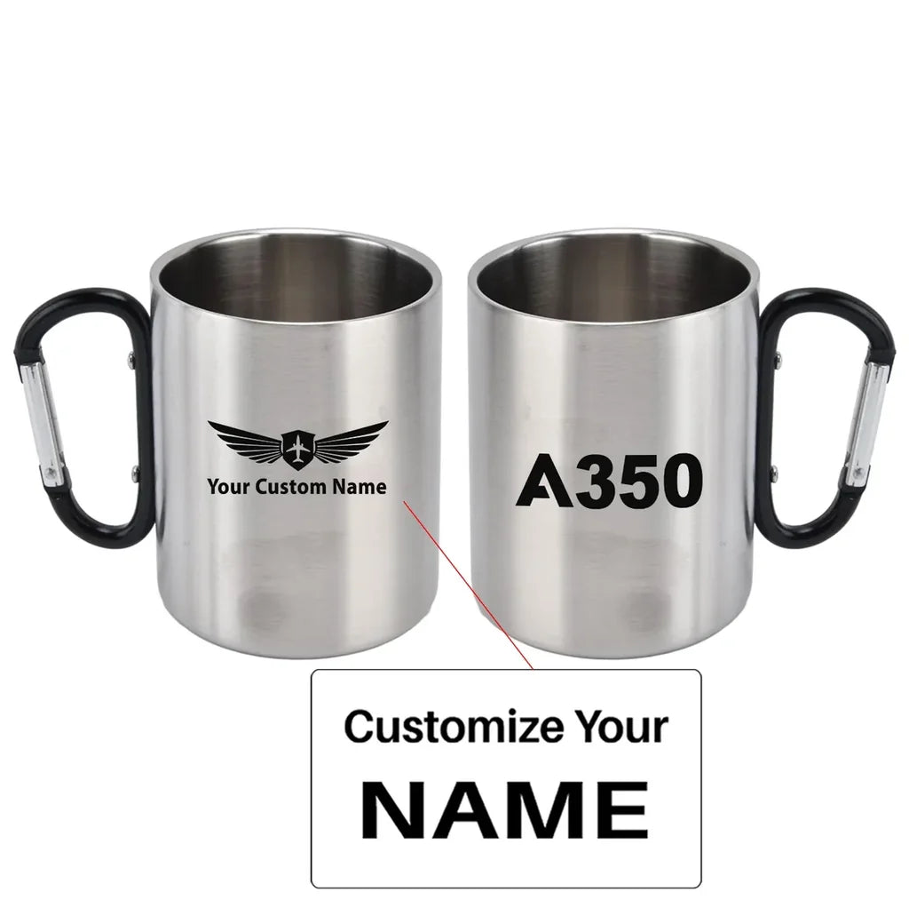 Airbus A350 Flat Text aviation design on outdoor mug, durable insulated construction.