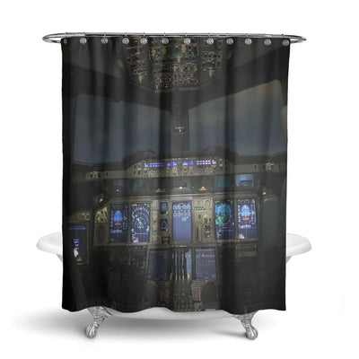 Airbus A380 Cockpit aviation design on waterproof polyester shower curtain.