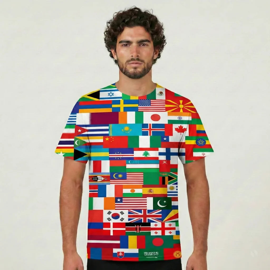 World Flags aviation design printed on soft cotton 3D-print T-shirt.