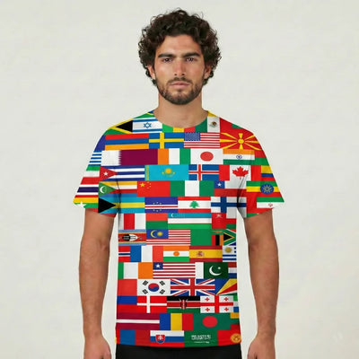 World Flags aviation design printed on soft cotton 3D-print T-shirt.